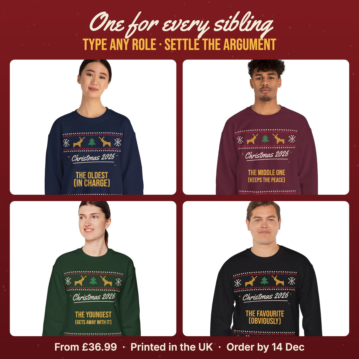 Four siblings in matching personalised Christmas jumpers: The Oldest, The Middle One, The Youngest, The Favourite
